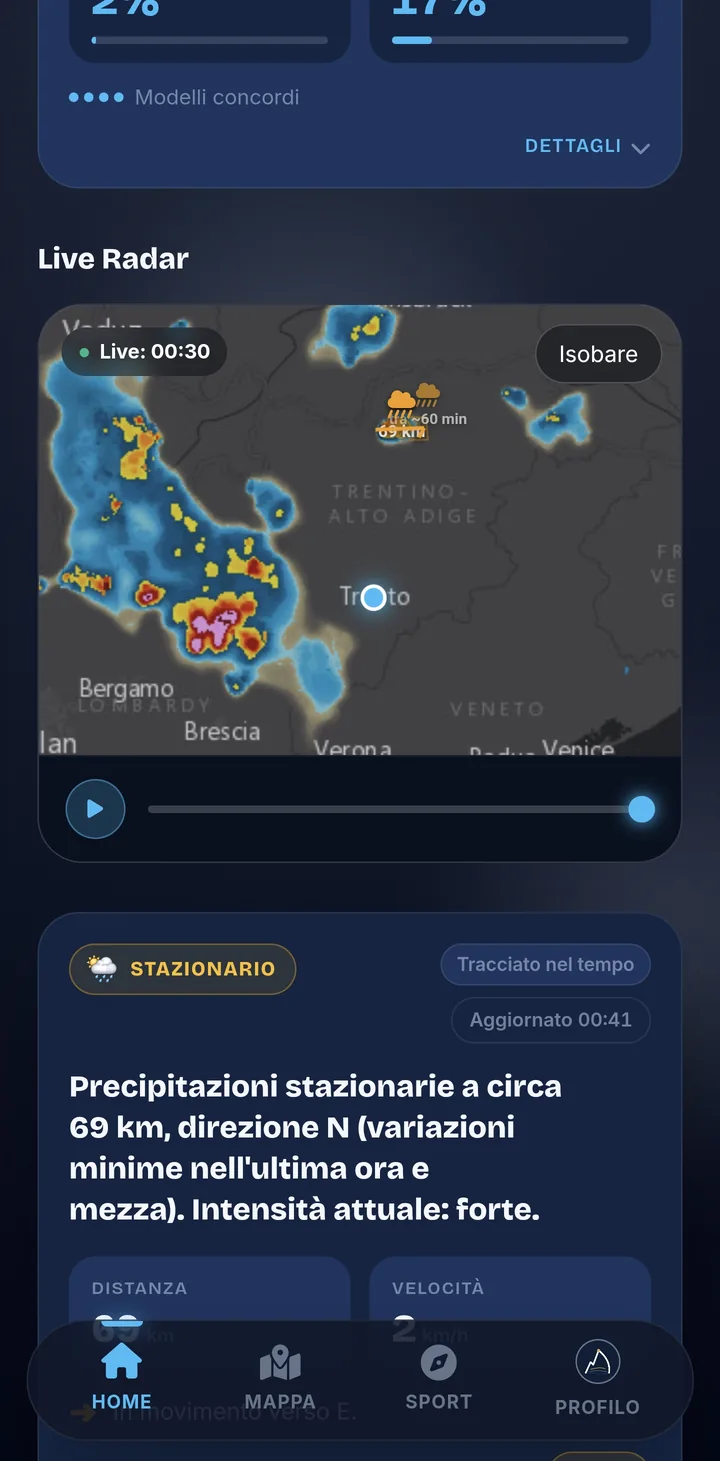 Schermata radar sul Trentino-Alto Adige con precipitazioni stazionarie a 69 chilometri