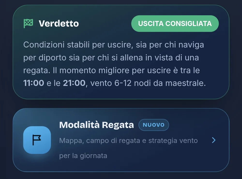 Schermata con il verdetto «uscita consigliata» tra le 11:00 e le 21:00 con maestrale da 6 a 12 nodi, e la nuova Modalità Regata