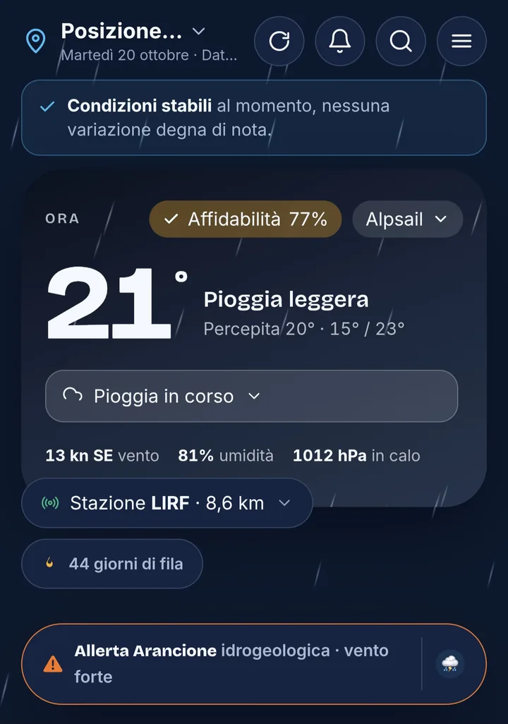 Schermata principale di Alpsail: 21 gradi, pioggia leggera, affidabilità 77%, stazione più vicina e allerta arancione