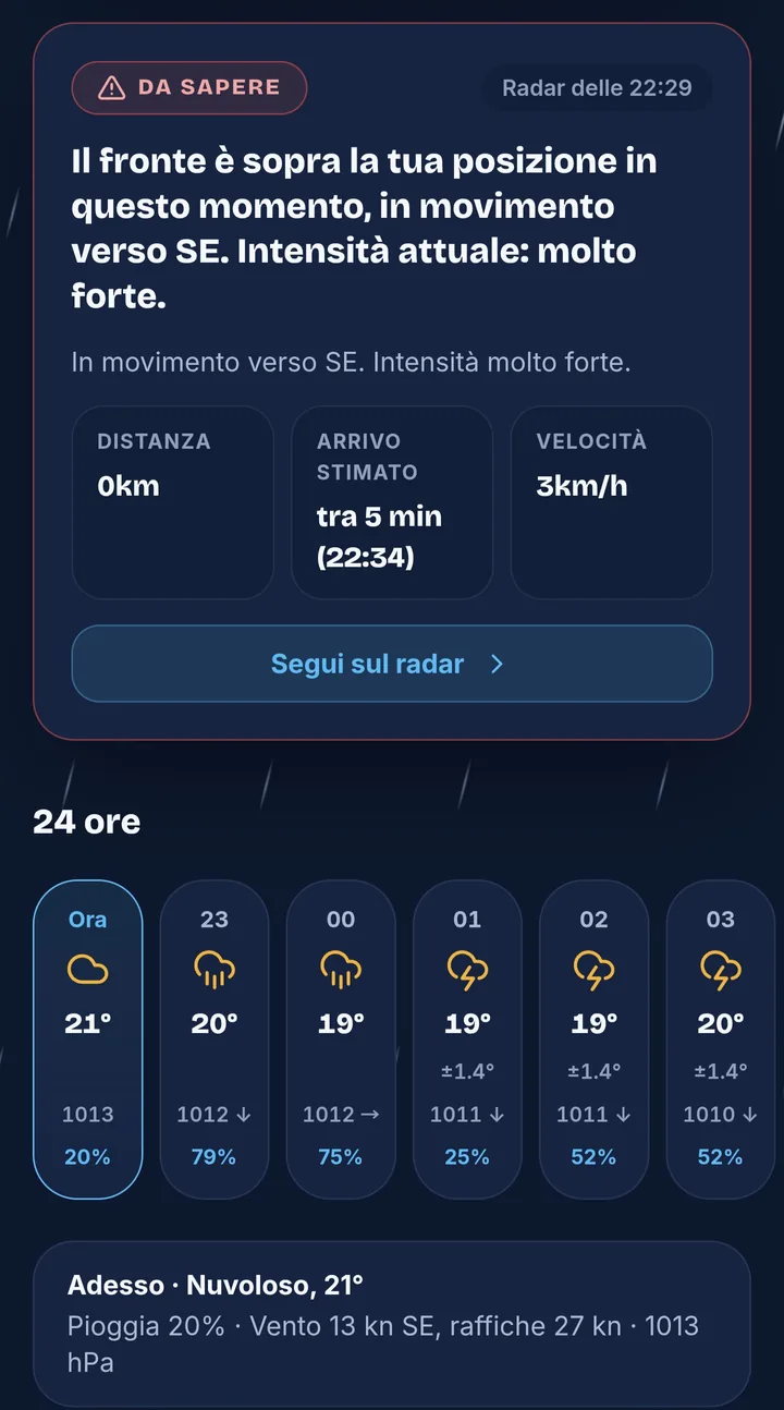 Schermata del radar di Alpsail: distanza, arrivo stimato e velocità del fronte, poi le prossime 24 ore
