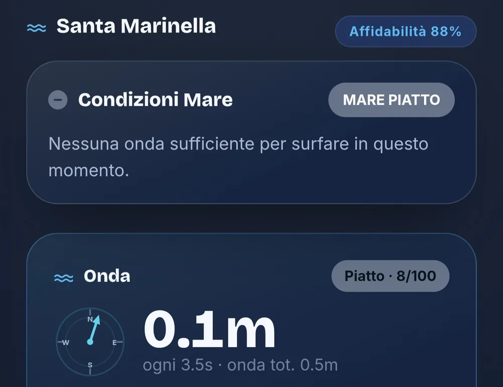 Schermata Surf: Santa Marinella, condizioni «mare piatto» e onda di 0,1 metri con affidabilità dell'88%
