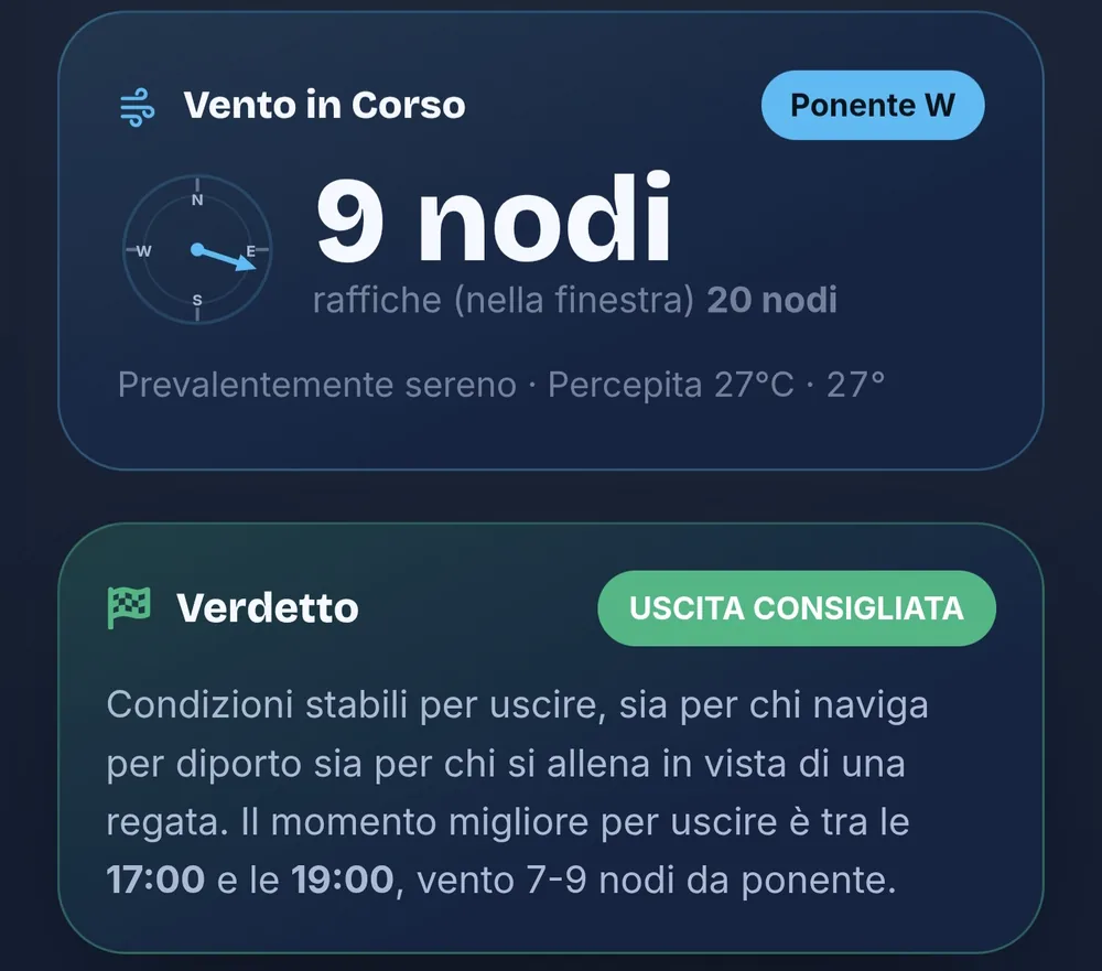 Schermata Vela: vento a 9 nodi da ponente e verdetto «uscita consigliata» tra le 17:00 e le 19:00